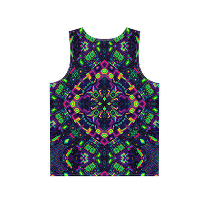 Close-up of the print detail on the 'Dimensional Shift' men's tank top.