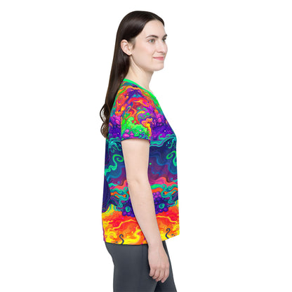 Side view of the Mush Tree So Color women's sport tee on a model.
