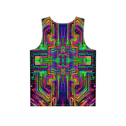Back view of the 'Borg Rave' men's tank top laid flat, showing the print continuing across the fabric.
