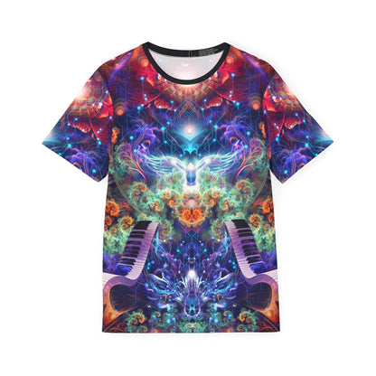 Front view of the Magnus Opum sport tee showing the all-over print design.