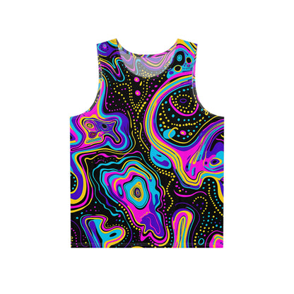 Front view of the Neon-Ray Vision men's tank top with a glowing neon print across the chest.