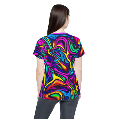 Close-up of the Blend In or DON'T all-over print on the women's sport tee fabric