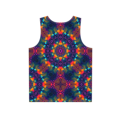 Close-up of the Cosmic Fingerprint V3 print detail on a men's all-over print tank top.
