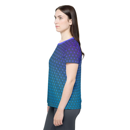 Angled product photo of the Blue Flower of Life Pattern women's sport tee