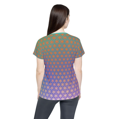 Women's sport tee in the Flower de Life sacred geometry all-over print design, front view.