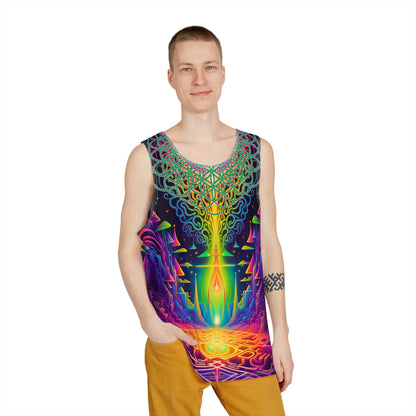 Flat lay of the men's tank top featuring the full 'Maze of Life' graphic design.