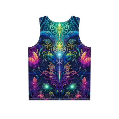 Close-up of the Orchidious print design on the tank top fabric.