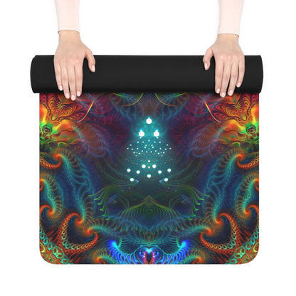 The 'Photonic' yoga mat rolled up, showing the edge-to-edge print.