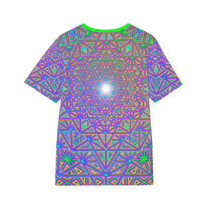 Angled view of the men's sport tee highlighting the "Flower of Tron" design colors.