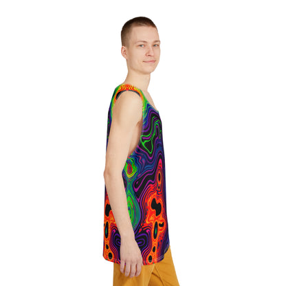 Overhead view of the Neon Spill psychedelic tank top laid flat.