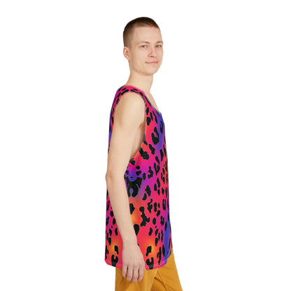 Corner detail shot of the Rainbow Leopard print along the men's tank top hem.