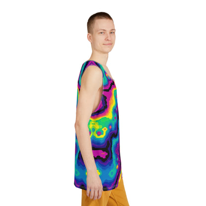 Corner detail of the psychedelic print on the 'Digiheat' men's tank top.