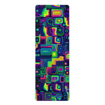 Purple Delusion yoga mat laid flat showing the full purple psychedelic print edge to edge.