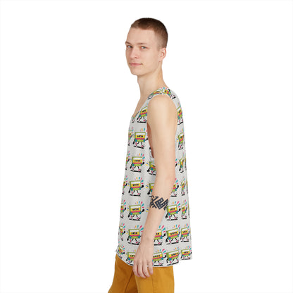 Cassette Pattern men's tank top folded flat, showing the full retro cassette design.
