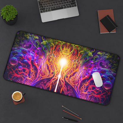 The Sacred Vine Top Section desk mat laid on a desk beside a keyboard and mouse.