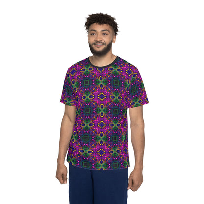 Flat lay of the "Kiss Me Pattern" sport tee, showing the classic fit and full print layout.