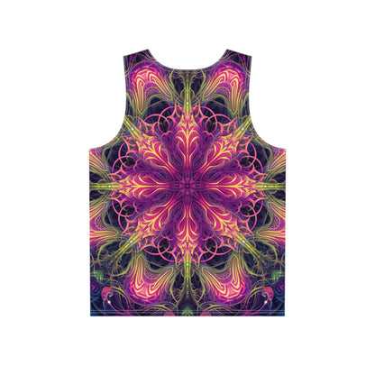 Angled view of a men's tank top featuring the 'Gatekeepers Mandala' print.