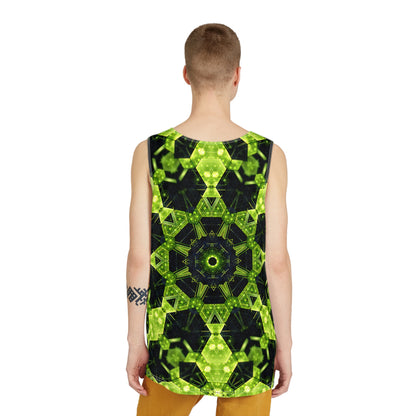 Overhead view of the Geocomb men's tank top laid flat.