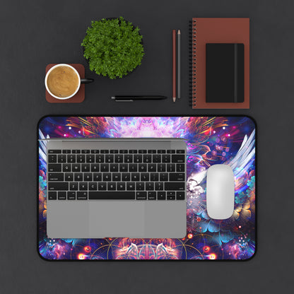 Lapis Philosophorum desk mat under a laptop and coffee mug on a desk