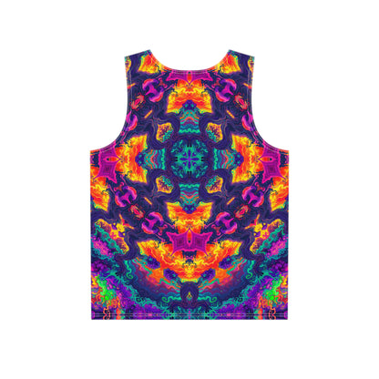 Close-up of the mushroom and mandala print detail on the Mush Tree So Color Mandala tank top.
