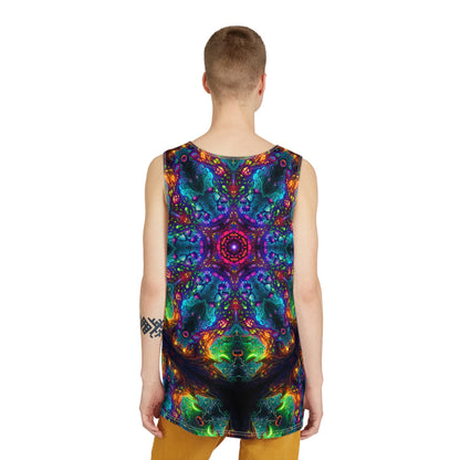 Angled view showing the Fungus Amongus Mandala print along the tank top's side seam.