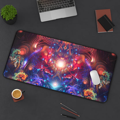 Magnus Opum desk mat laid on a desk with a keyboard and mouse for scale