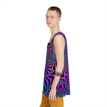 Detail shot of The Illusionist print on a men's tank top.