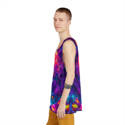 Close-up of the neckline and seam on the Night Light men's tank top.