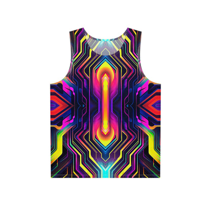 The Sword In The Stoned V2 men's tank top laid flat, showing the full psychedelic print design.