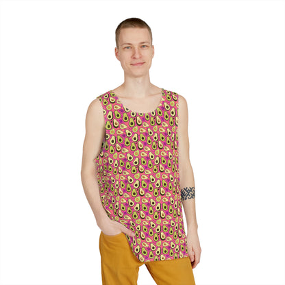 Close-up of the 'Avocado Pattern' print detail on a men's tank top, showing color and texture.