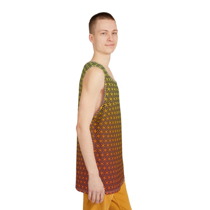Men's tank top with the 'Wook Flower' print viewed from above.
