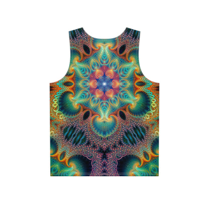 Close-up of the Free Your Mind graphic printed on the tank top fabric.