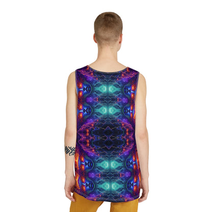 Side angle view of a model wearing the Lilith's Fractal men's tank top.