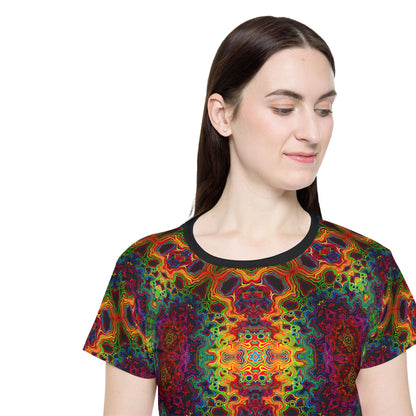 Close-up of the fabric texture on the Lysergic Burst women's sport tee.