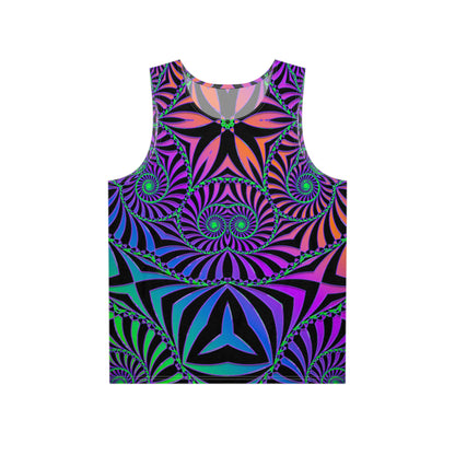 Flat lay of a men's tank top printed with The Illusionist design.