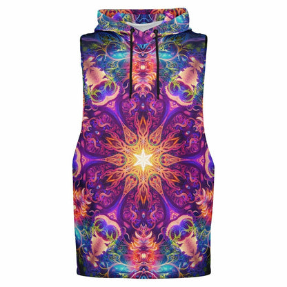 Front view of the 'The Sacred Circle' sleeveless hoodie on a ghost mannequin, showing its all-over-print artwork.