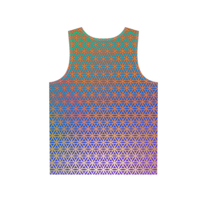 Angled view of a men's tank top featuring the 'Flower de Life' print.