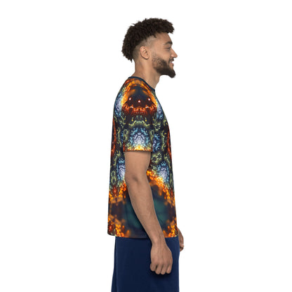 Side angle of the "Fractal Flower Mandala" men's sport tee highlighting the print pattern.