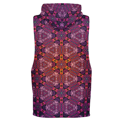 Ghost mannequin back view of the “Forged In Neon” sleeveless hoodie, showing the all-over print.
