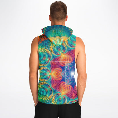 Model wearing the “Free Your Mind - Fibonacci” sleeveless hoodie, back view, showing the print.