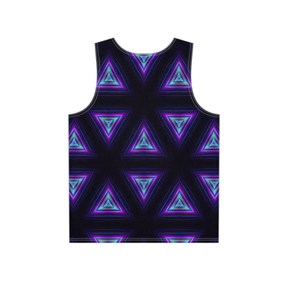 Close-up of the Dark Prism print detail on a men's all-over print tank top.