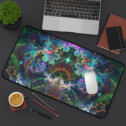 The To Tree or Not to Tree Top Section desk mat on a desk with a monitor in view.