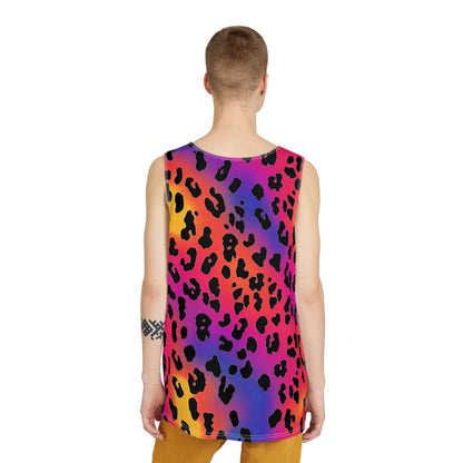 Overhead view of the Rainbow Leopard men's tank top laid on a flat surface.