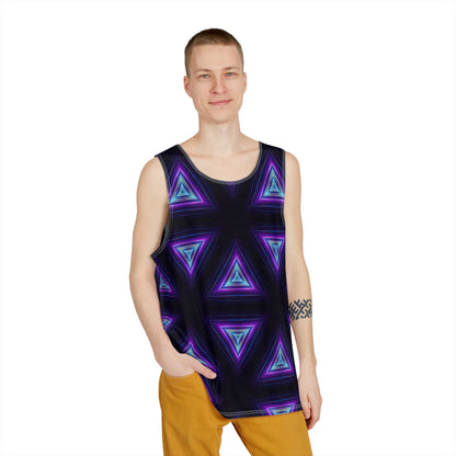 Angled view of the Dark Prism men's tank top showing the prism pattern wrap.