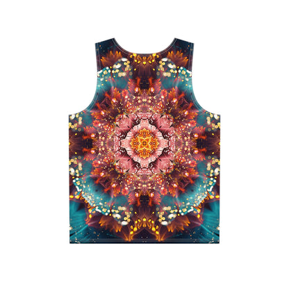 Close-up of the Reaching for Light print detail on the men's tank top fabric.