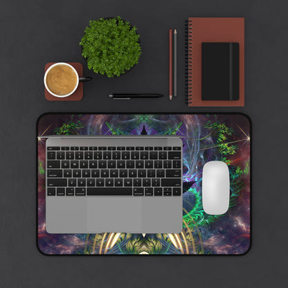 Angled view of the "Heightened Stroll" leaf desk mat's printed artwork.