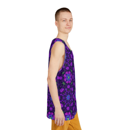 Men's tank top with the 'Panspermia' print viewed from above.