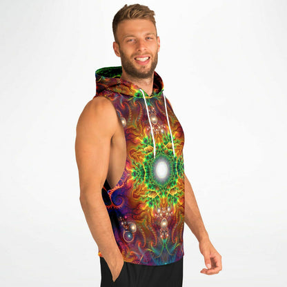 Side profile of a model wearing "Photonic" sleeveless hoodie.