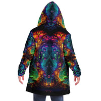 Back view of a man wearing the Fungus Amongus hooded cloak, a psychedelic all-over print cloak.