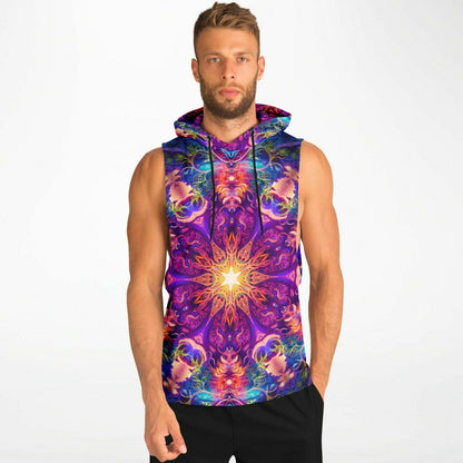 Front view of the 'The Sacred Circle' sleeveless hoodie worn by a model, showing its all-over-print artwork.